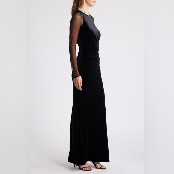 New Eliza J Embellished Ruched Sheer Long Sleeve Velvet Gown Pearl Neck Sz 8 - Picture 2 of 14